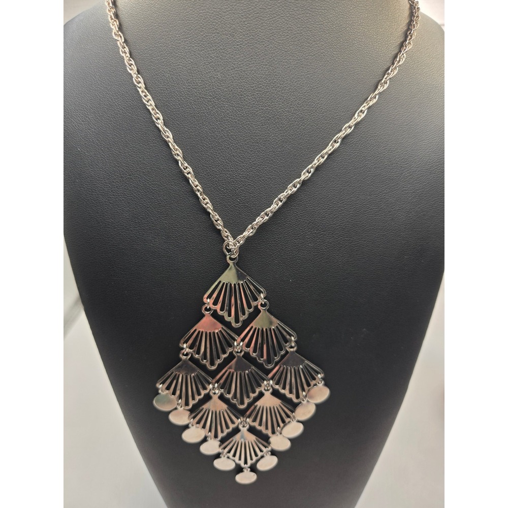 Vintage Silver Tone Art Deco Tiered Fan Pendant Necklace Rope Chain Statement
